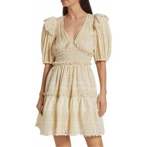 Sea NY Marley Pleated Puff Sleeve Cream Tiered Mini Dress
